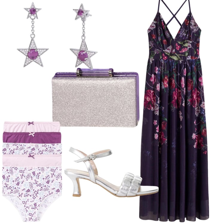Outfit donna - Serata di luglio. Stile Glamour per Serata fuori. Abbinamento con vestiti lunghi, culotte, orecchini, pochette, sandali col tacco.