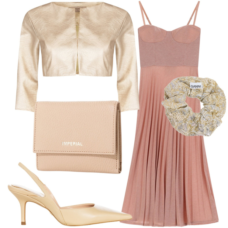 Outfit donna - Cerimonia tardo pomeriggio. Stile Chic per Cerimonia. Abbinamento con bolero, décolleté, vestiti midi/longuette, portafogli, accessori per capelli.