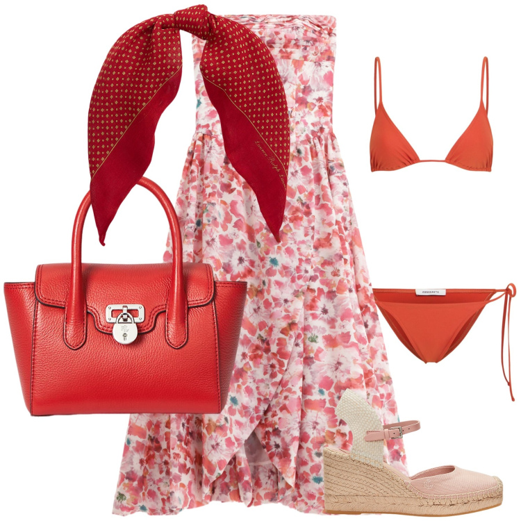 Outfit donna - Un delizioso abito e copricostume. Stile Glamour per Mare. Abbinamento con vestiti lunghi, borse a mano, foulard, espadrillas, bikini.