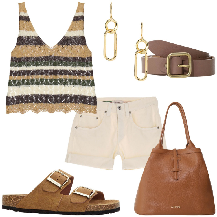 Outfit donna - Estate in giro. Stile Casual per Tutti i giorni. Abbinamento con ciabatte, shorts, borse tote, top, cinture, orecchini.
