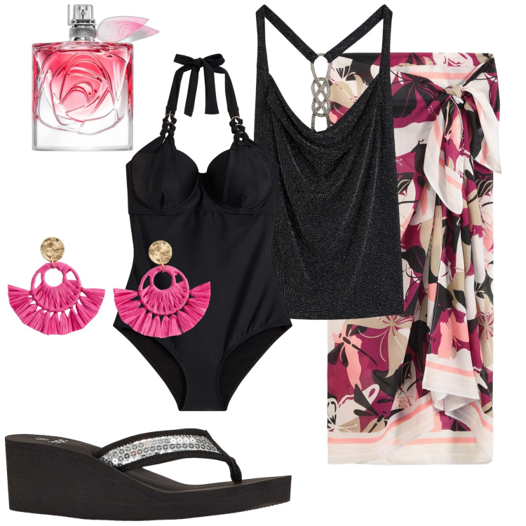 Outfit donna - Ibiza. Stile Glamour per Mare. Abbinamento con costumi interi, infradito, orecchini, vestiti da spiaggia, top, profumi.