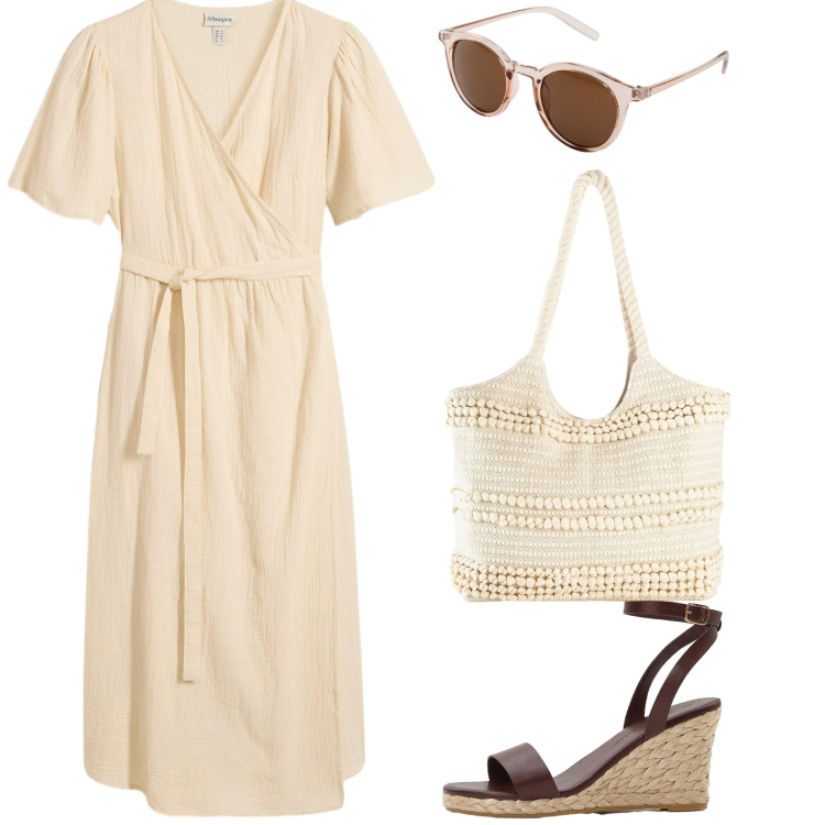 Outfit donna - Al naturale. Stile Casual chic per Ufficio. Abbinamento con vestiti, shopping bag, sandali, occhiali da sole.