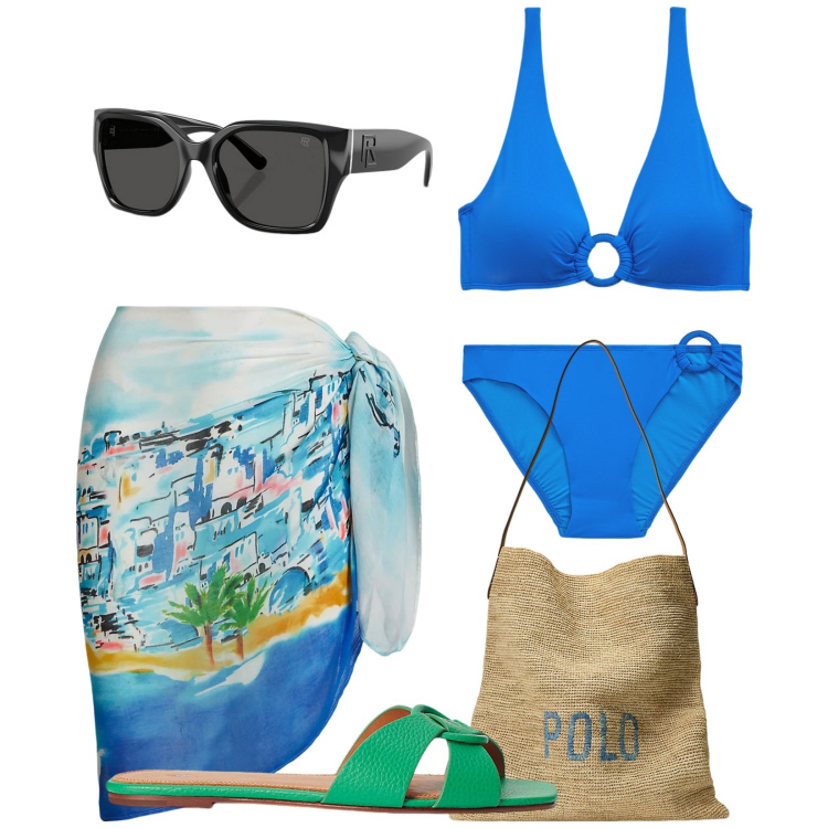 Outfit donna - Total look #2200490. Stile Trendy per Mare. Abbinamento con occhiali da sole, ciabatte, vestiti da spiaggia, borse tote, bikini, bikini.