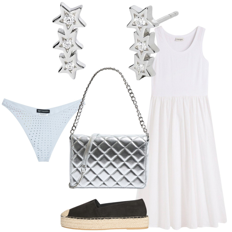 Outfit donna - L ora più bella in spiaggia. Stile Glamour per Mare. Abbinamento con vestiti, espadrillas, borse a tracolla, orecchini, bikini.