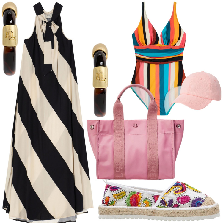 Outfit donna - Arcobaleno in spiaggia. Stile Trendy per Mare. Abbinamento con espadrillas, costumi interi, vestiti lunghi, orecchini, borse tote, cappelli.