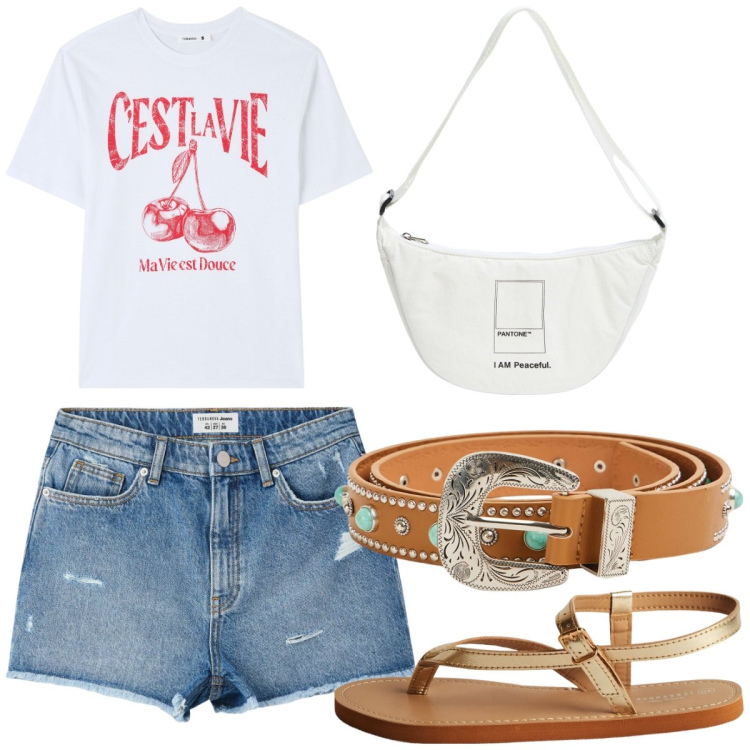 Outfit donna - Terranova style. Stile Casual per Tutti i giorni. Abbinamento con marsupi, cinture, shorts, t-shirt, ciabatte.