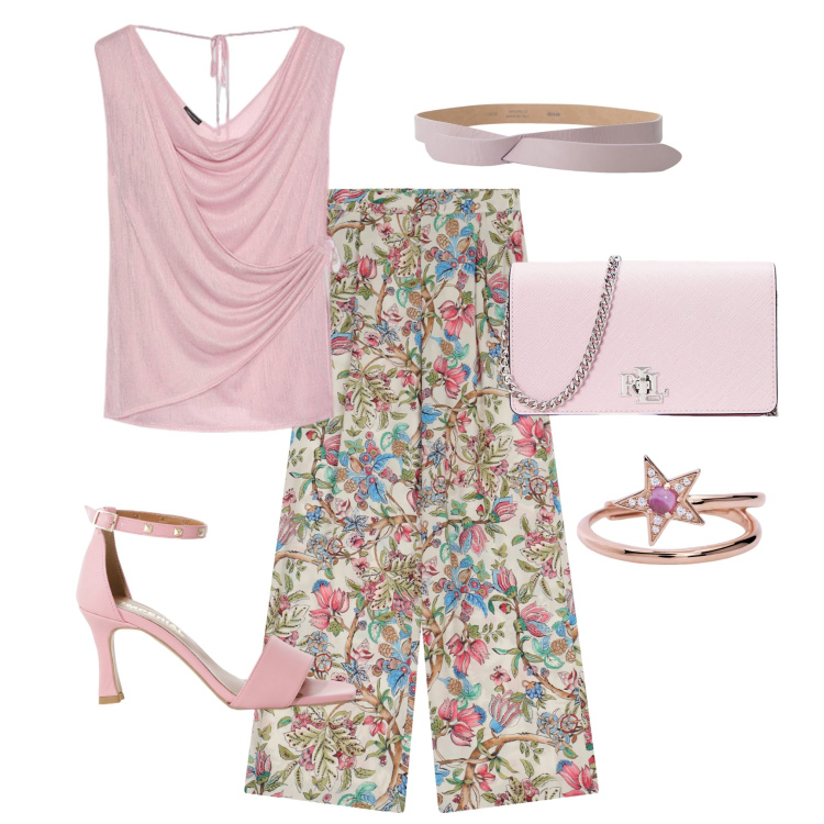 Outfit donna - Pink Lady. Stile Casual chic per Tutti i giorni. Abbinamento con anelli, sandali col tacco, cinture, pantaloni, borse a tracolla, top.