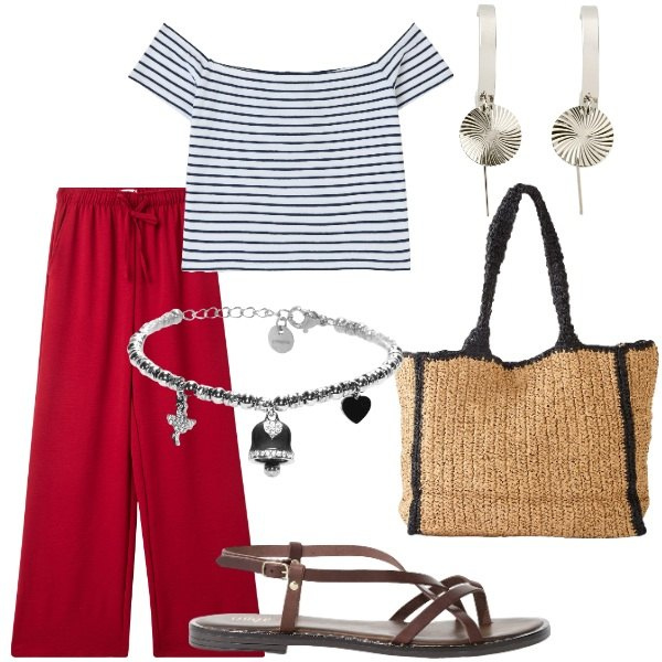 Outfit donna - Outifit di luglio. Stile Casual per Tutti i giorni. Abbinamento con shopping bag, orecchini, pantaloni, t-shirt, braccialetti, sandali.