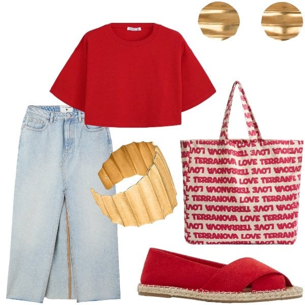 Outfit donna - Serata tra amici. Stile Casual per Serata fuori. Abbinamento con espadrillas, gonne lunghe, t-shirt, borse tote, orecchini, braccialetti.