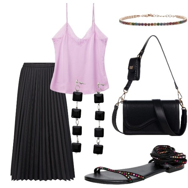 Outfit donna - A cena fuori. Stile Glamour per Serata fuori. Abbinamento con top, sandali alla schiava, braccialetti, pochette, orecchini, gonne longuette.