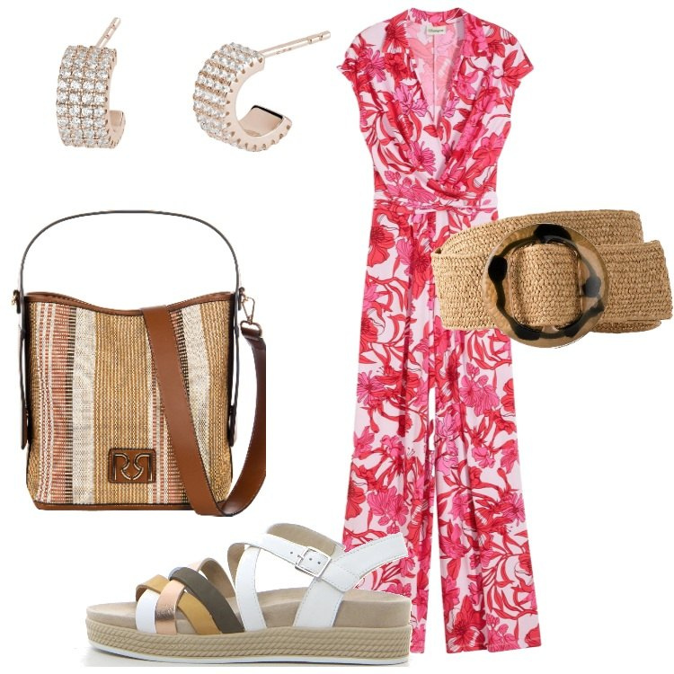 Outfit donna - Jumpsuit fluida da giorno. Stile Basic per Tutti i giorni. Abbinamento con tute, cinture, orecchini, borse a secchiello, sandali.
