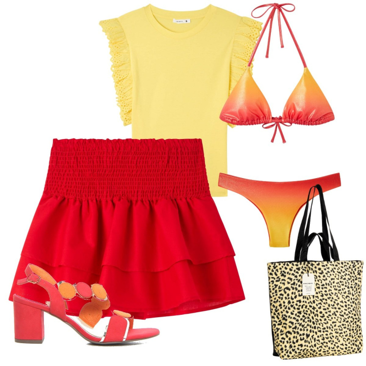 Outfit donna - Colori vivaci e tropicali. Stile Casual per Mare. Abbinamento con bikini, t-shirt, bikini, minigonne, borse tote, sandali col tacco.