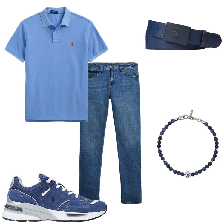 Outfit uomo - Una pizza insieme. Stile Casual per Tutti i giorni. Abbinamento con braccialetti, jeans, polo, cinture, sneakers.