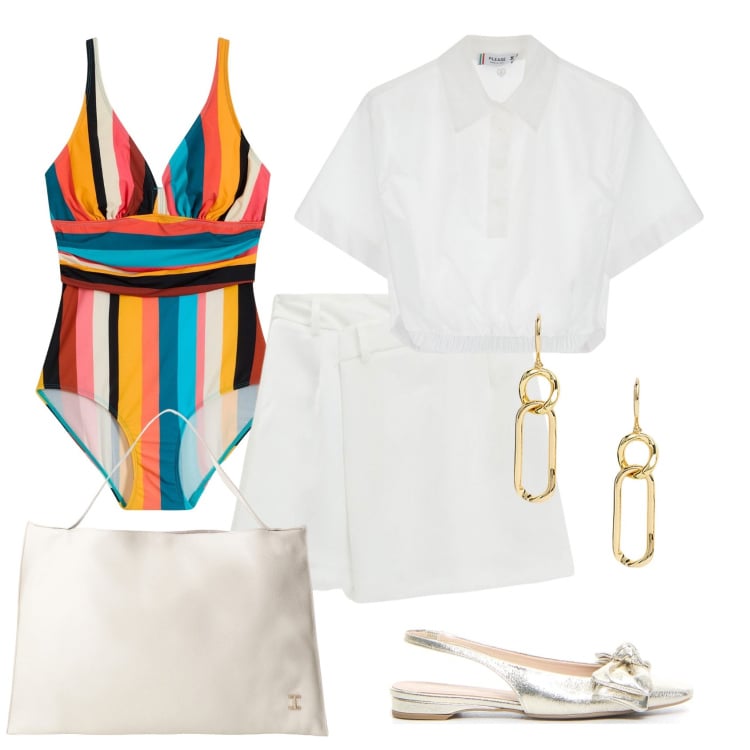 Outfit donna - Total look #2200527. Stile Casual chic per Mare. Abbinamento con costumi interi, camicie a manica corta, minigonne, borse a spalla, orecchini, sandali in pelle.