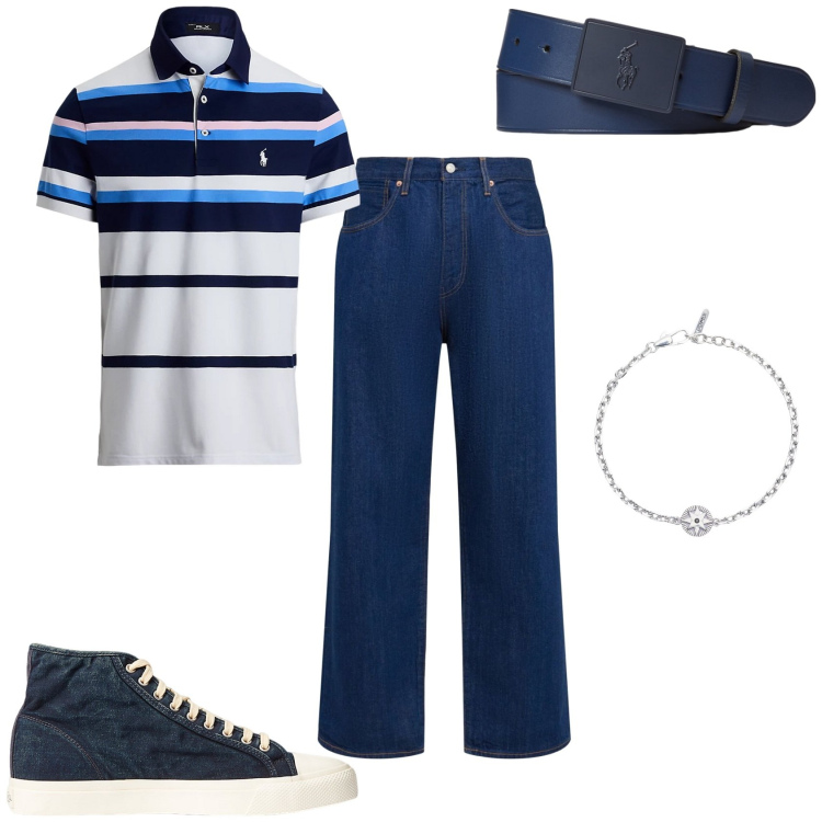 Outfit uomo - Jeans e polo. Stile Casual per Tutti i giorni. Abbinamento con braccialetti, sneakers, cinture, polo, jeans.