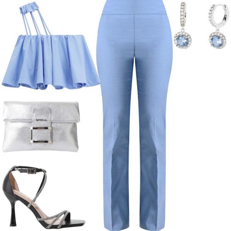 Outfit donna - Slancia la silhouette. Stile Sexy per Cerimonia. Abbinamento con orecchini, pantaloni, top, sandali col tacco, pochette.