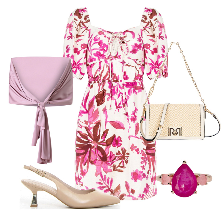 Outfit donna - Vivace ma chic. Stile Chic per Serata fuori. Abbinamento con anelli, scialli, vestiti corti, borse a tracolla, décolleté.