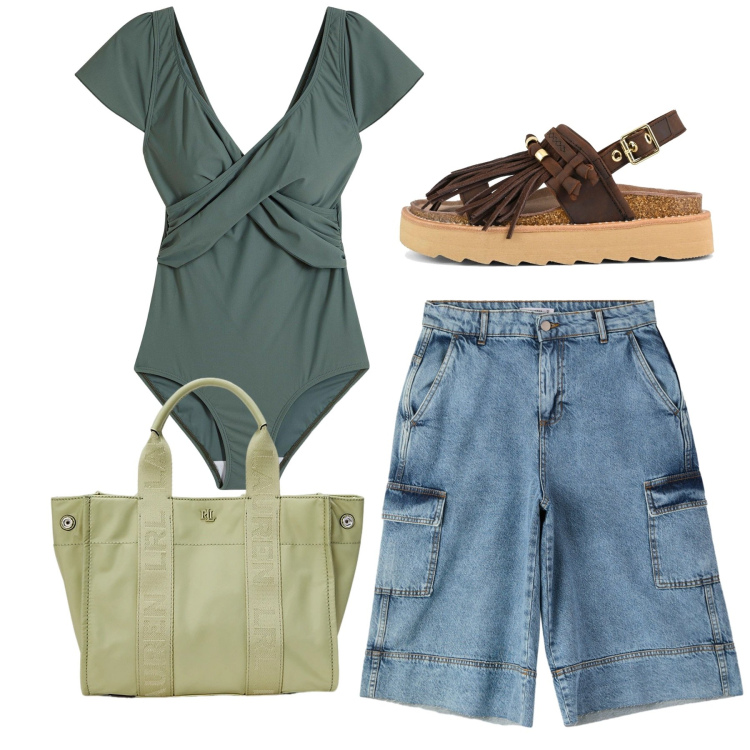 Outfit donna - Il costume come top. Stile Casual chic per Mare. Abbinamento con costumi interi, shorts, borse tote, sandali.