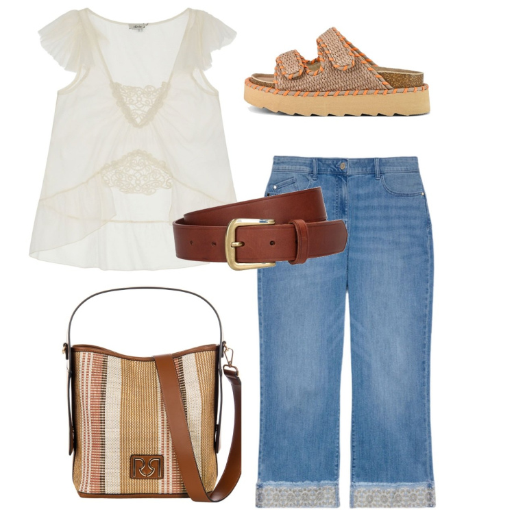 Outfit donna - Il top con il pizzo. Stile Bon Ton per Tutti i giorni. Abbinamento con borse a secchiello, top, jeans dritti, sandali, cinture.