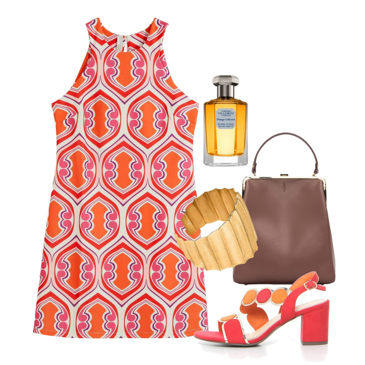 Outfit donna - Optical \'60. Stile Chic per Tutti i giorni. Abbinamento con vestiti, profumi, borse a spalla, sandali col tacco, braccialetti.