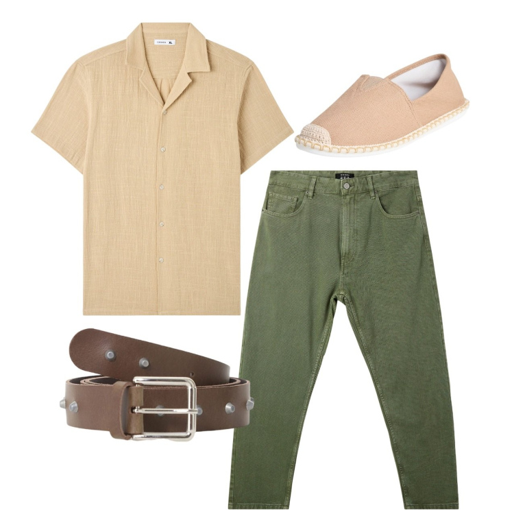 Outfit uomo - Pomeriggio. Stile Casual per Tutti i giorni. Abbinamento con camicie a manica corta, espadrillas, pantaloni, cinture.