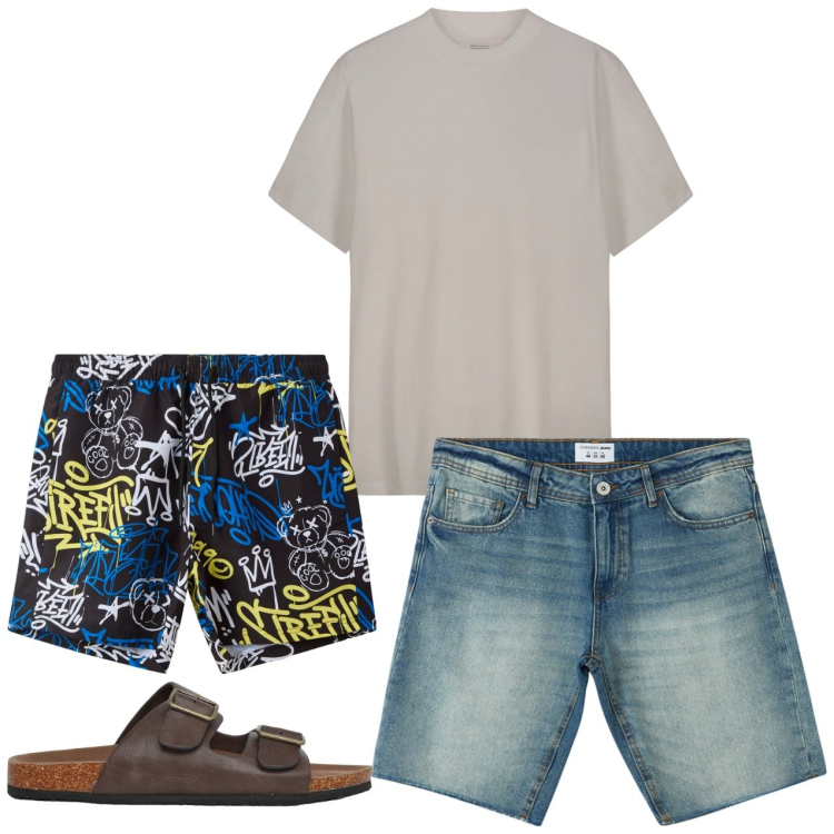 Outfit uomo - Al mare. Stile Casual per Mare. Abbinamento con costumi, bermuda, sandali, t-shirt.
