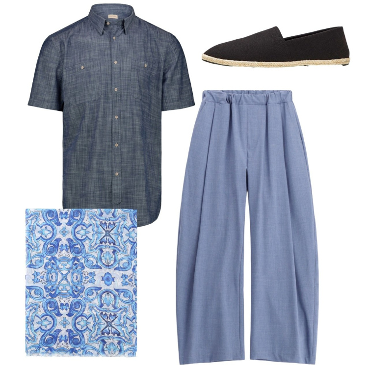 Outfit uomo - Trendy. Stile Trendy per Tutti i giorni. Abbinamento con espadrillas, pantaloni, sciarpe e foulard, camicie a manica corta.