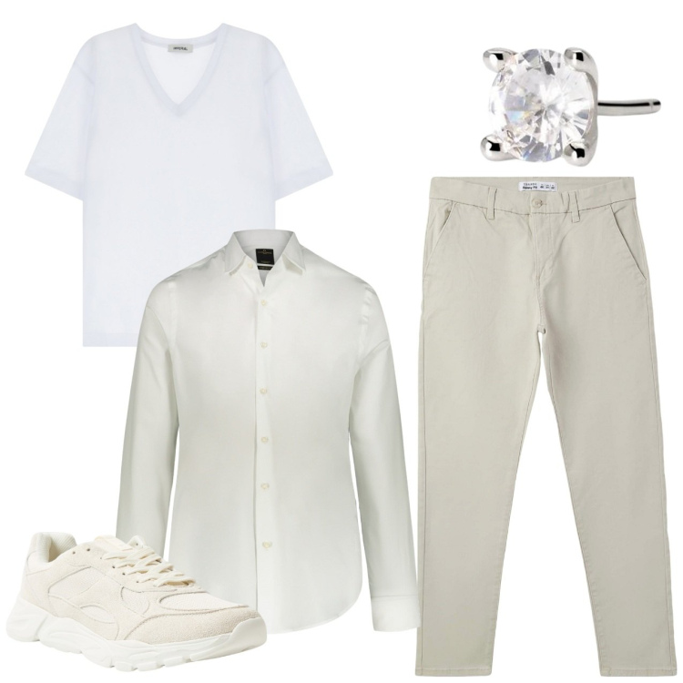 Outfit uomo - Tonalità ghiaccio. Stile Casual per Tutti i giorni. Abbinamento con pantaloni chino, sneakers, orecchini, t-shirt, camicie.