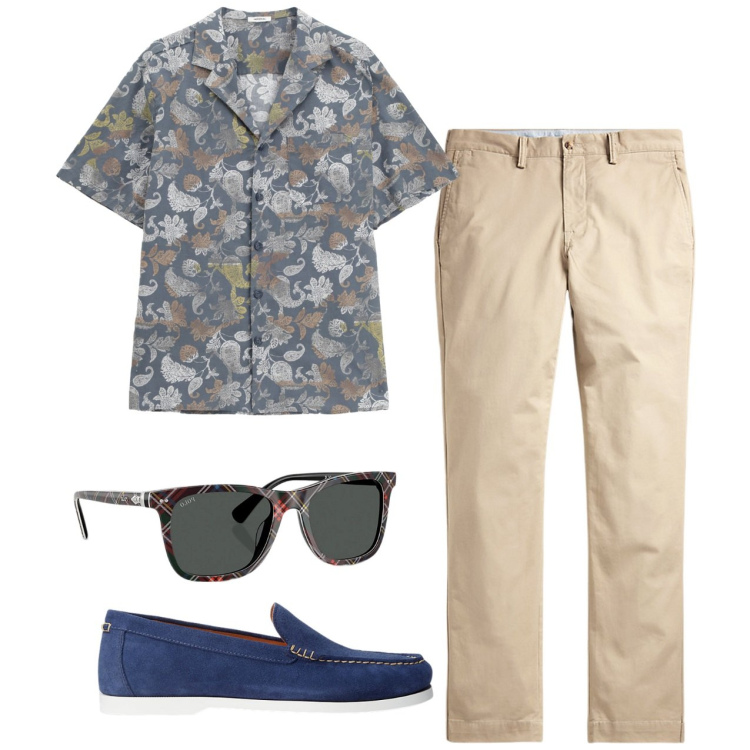 Outfit uomo - In vacanza. Stile Casual per Tutti i giorni. Abbinamento con camicie a manica corta, scarpe stringate, pantaloni, occhiali da sole.