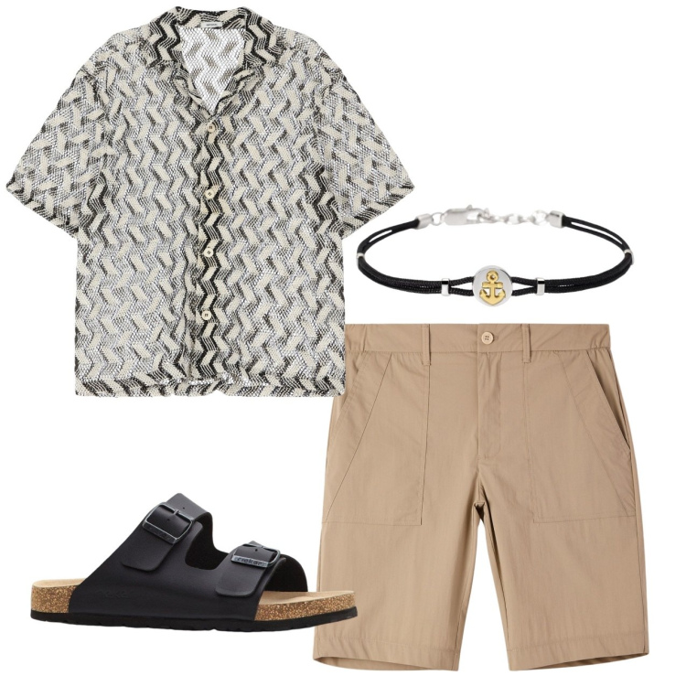 Outfit uomo - Pomeriggio di luglio. Stile Casual per Tutti i giorni. Abbinamento con sandali, pantaloni corti, braccialetti, camicie a manica corta.