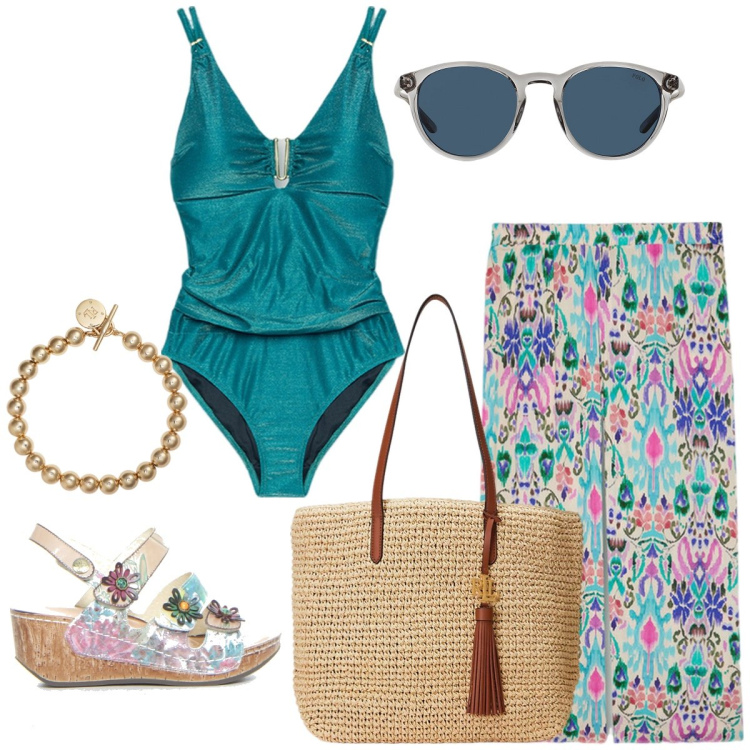Outfit donna - Total look #2200572. Stile Chic per Mare. Abbinamento con braccialetti, occhiali da sole, borse tote, pantaloni a palazzo, costumi interi, sandali.