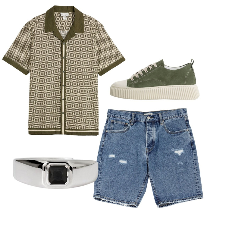 Outfit uomo - La camicia trendy. Stile Casual per Tutti i giorni. Abbinamento con camicie a manica corta, anelli, bermuda, sneakers.