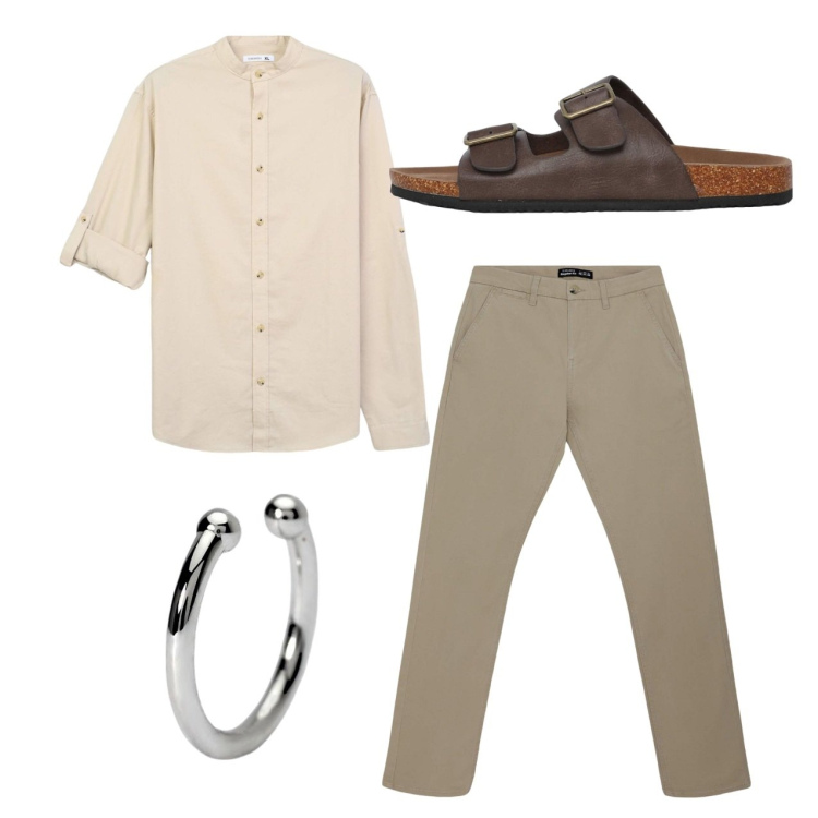 Outfit uomo - Spago. Stile Casual per Tutti i giorni. Abbinamento con camicie, pantaloni chino, sandali, orecchini.