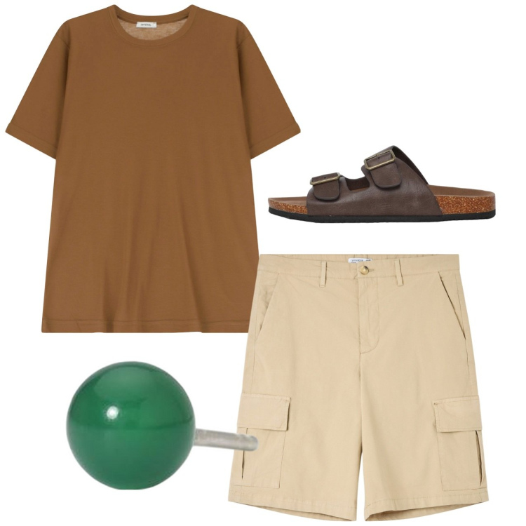 Outfit uomo - In vacanza. Stile Casual per Tutti i giorni. Abbinamento con bermuda, sandali, orecchini, t-shirt.