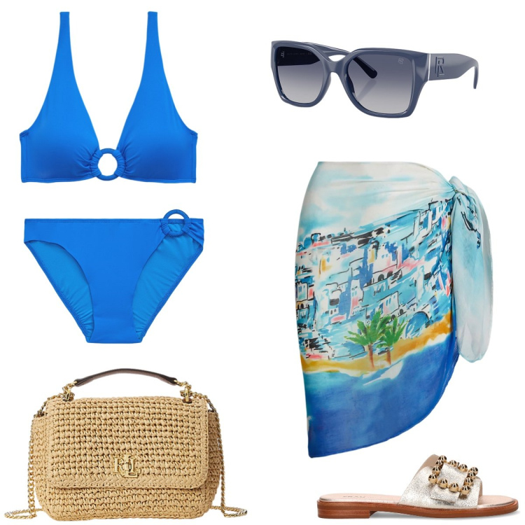 Outfit donna - Total look #2200579. Stile Chic per Mare. Abbinamento con occhiali da sole, vestiti da spiaggia, bikini, borse a spalla, bikini, ciabatte.