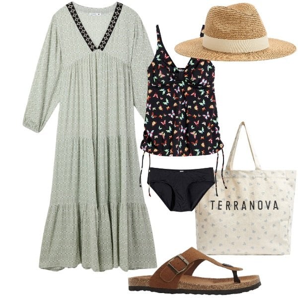 Outfit donna - Boho in spiaggia. Stile Boho per Mare. Abbinamento con infradito, costumi interi, vestiti lunghi, cappelli, shopping bag.