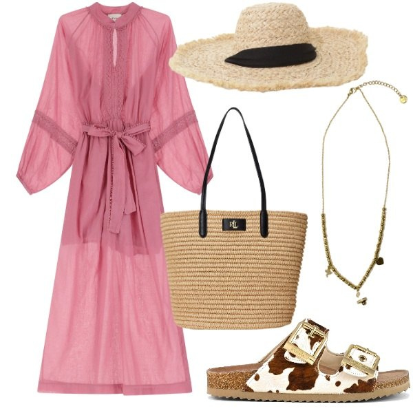 Outfit donna - CAppello di paglia. Stile Boho per Mare. Abbinamento con cappelli, ciondoli, vestiti lunghi, borse tote, sandali in pelle.
