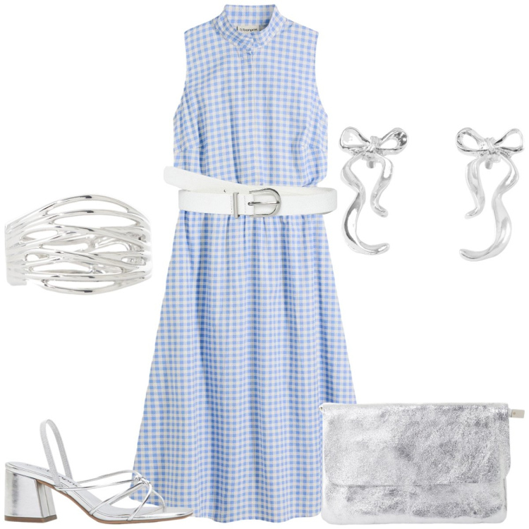 Outfit donna - Quadretti. Stile Bon Ton per Tutti i giorni. Abbinamento con sandali col tacco, vestiti, orecchini, cinture, borse a tracolla, braccialetti.