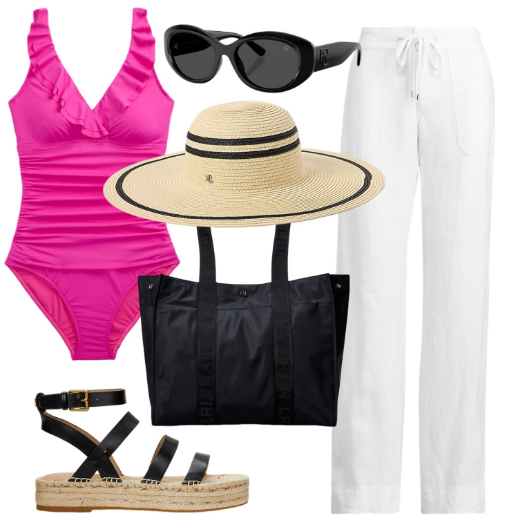 Outfit donna - Come una diva. Stile Chic per Mare. Abbinamento con occhiali da sole, pantaloni, costumi interi, borse tote, cappelli, espadrillas.