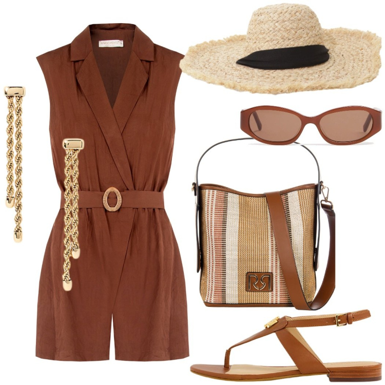 Outfit donna - Summer time. Stile Casual chic per Tutti i giorni. Abbinamento con tuta corta, borse a secchiello, cappelli, orecchini, sandali, occhiali da sole.