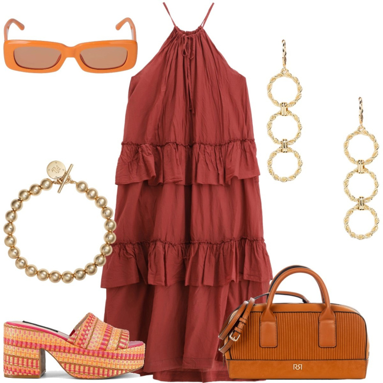 Outfit donna - Balze. Stile Boho per Tutti i giorni. Abbinamento con borse a mano, vestiti lunghi, braccialetti, orecchini, zeppe, occhiali da sole.