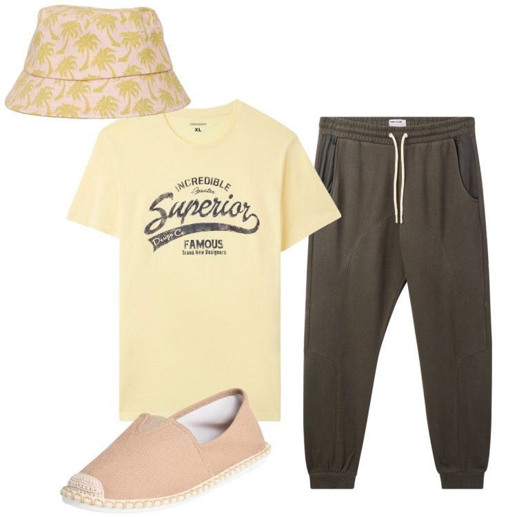 Outfit uomo - Sportivo. Stile Casual per Tutti i giorni. Abbinamento con espadrillas, t-shirt, cappelli con visiera, pantaloni.