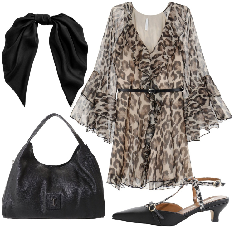 Outfit donna - Leopardato. Stile Sexy per Serata fuori. Abbinamento con vestiti corti, décolleté, pochette, foulard.