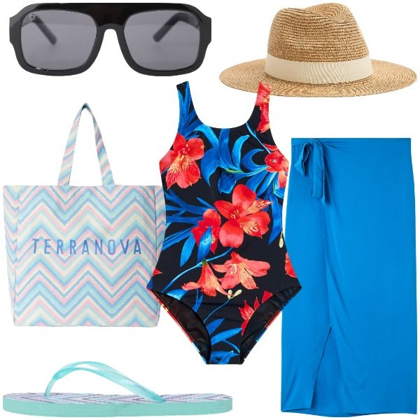 Outfit donna - Costumi colorati. Stile Casual chic per Mare. Abbinamento con costumi interi, cappelli, vestiti da spiaggia, infradito, borse tote, occhiali da sole.