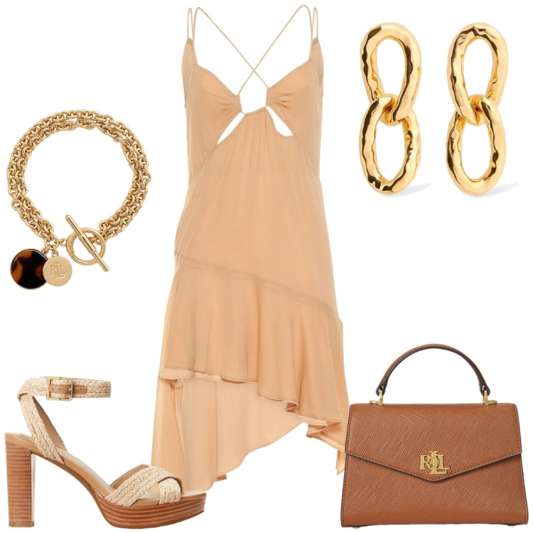 Outfit donna - Aperitivo. Stile Sexy per Serata fuori. Abbinamento con braccialetti con ciondoli, borse a mano, sandali, vestiti, orecchini.