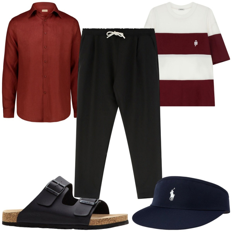 Outfit uomo - Pantaloni con coulisse per sentirsi tren. Stile Trendy per Tutti i giorni. Abbinamento con sandali, pantaloni, t-shirt, cappelli con visiera, camicie.