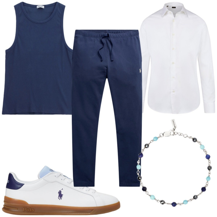 Outfit uomo - Pantaloni con coulisse e sneakers bianch. Stile Trendy per Tutti i giorni. Abbinamento con braccialetti, canottiere, pantaloni, sneakers, camicie.