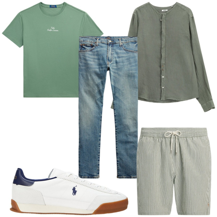 Outfit uomo - Total look #2200620. Stile Trendy per Mare. Abbinamento con camicie, jeans, sneakers, t-shirt, costumi.