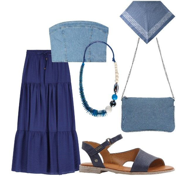 Outfit donna - Serata tra amici. Stile Casual per Serata fuori. Abbinamento con sandali, borse a tracolla, top, gonne lunghe, collane, foulard.