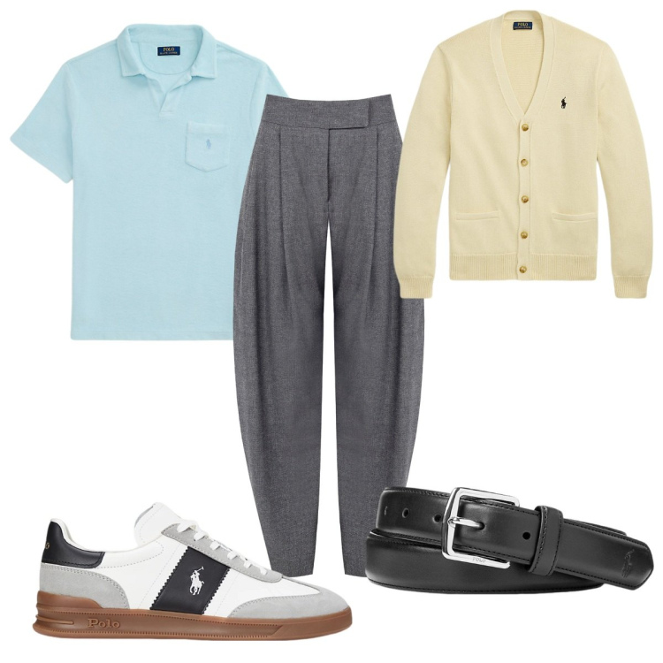 Outfit uomo - Total look #2200626. Stile Trendy per Ufficio. Abbinamento con pantaloni, cinture, sneakers, polo, cardigans.